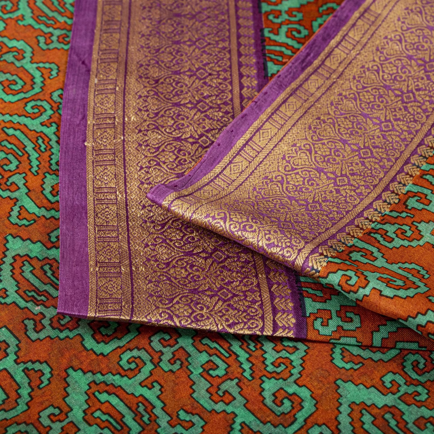 Sanskriti Vintage Orange Pure Silk Saree Paisley Print Sari Woven Border 5.5Yard