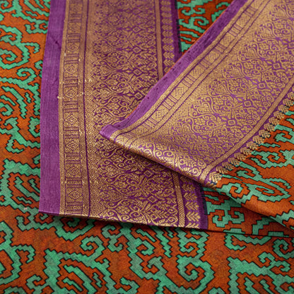 Sanskriti Vintage Orange Pure Silk Saree Paisley Print Sari Woven Border 5.5Yard