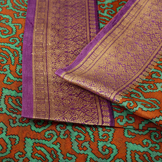 Sanskriti Vintage Orange Pure Silk Saree Paisley Print Sari Woven Border 5.5Yard