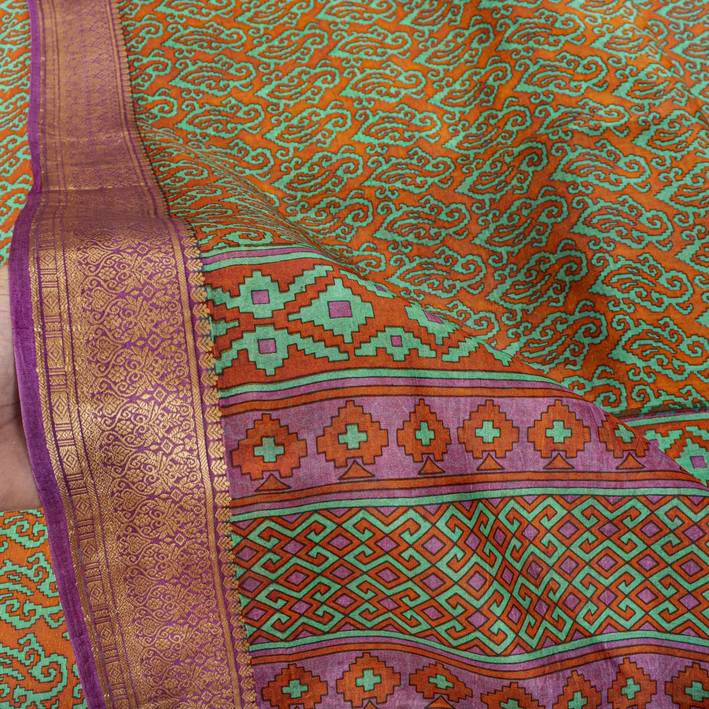 Sanskriti Vintage Orange Pure Silk Saree Paisley Print Sari Woven Border 5.5Yard