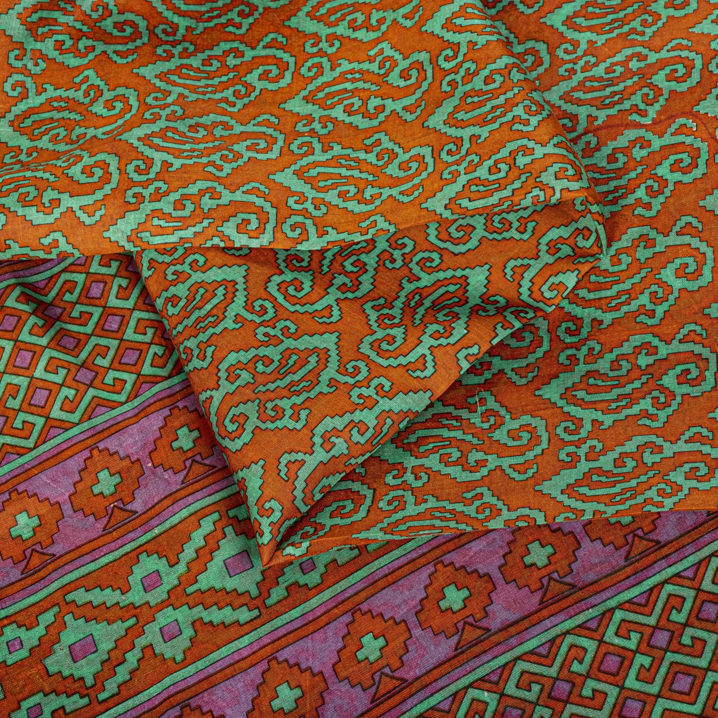 Sanskriti Vintage Orange Pure Silk Saree Paisley Print Sari Woven Border 5.5Yard