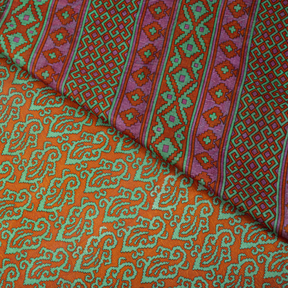 Sanskriti Vintage Orange Pure Silk Saree Paisley Print Sari Woven Border 5.5Yard