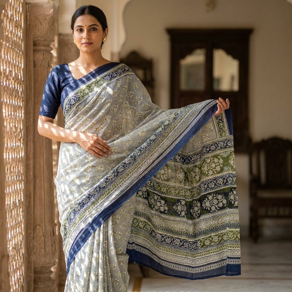 Sanskriti Vintage Gray Pure Silk Saree Floral Print Tie Dye 5+Yard Craft Fabric