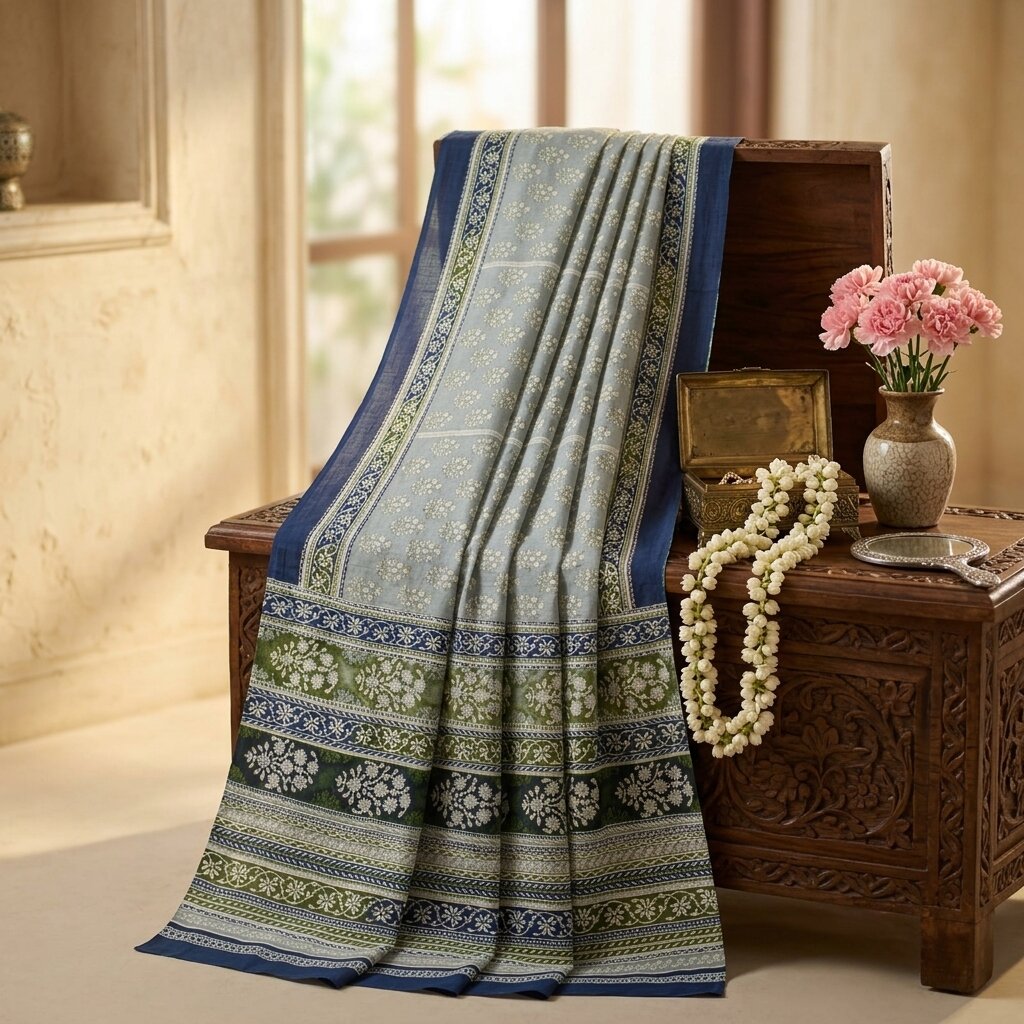 Sanskriti Vintage Gray Pure Silk Saree Floral Print Tie Dye 5+Yard Craft Fabric