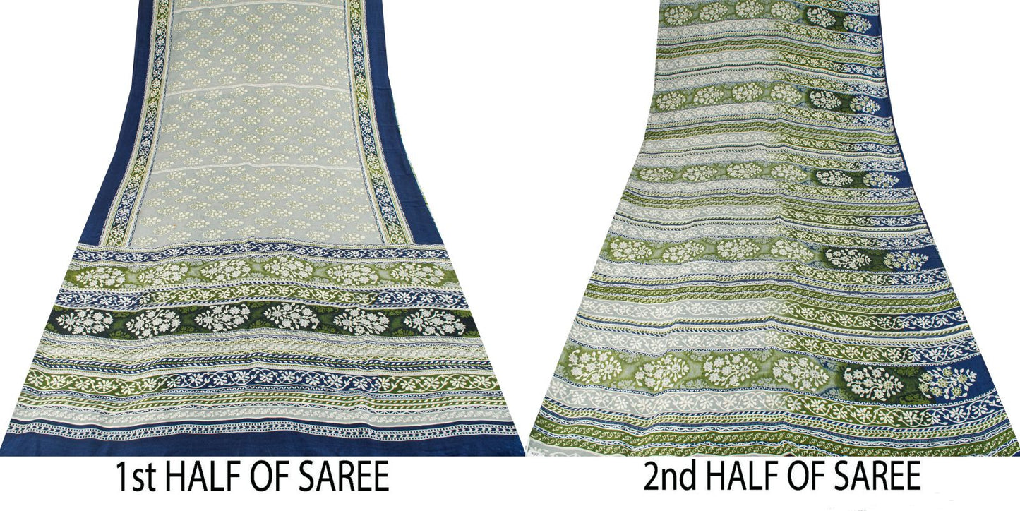 Sanskriti Vintage Gray Pure Silk Saree Floral Print Tie Dye 5+Yard Craft Fabric