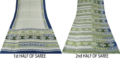 Sanskriti Vintage Gray Pure Silk Saree Floral Print Tie Dye 5+Yard Craft Fabric
