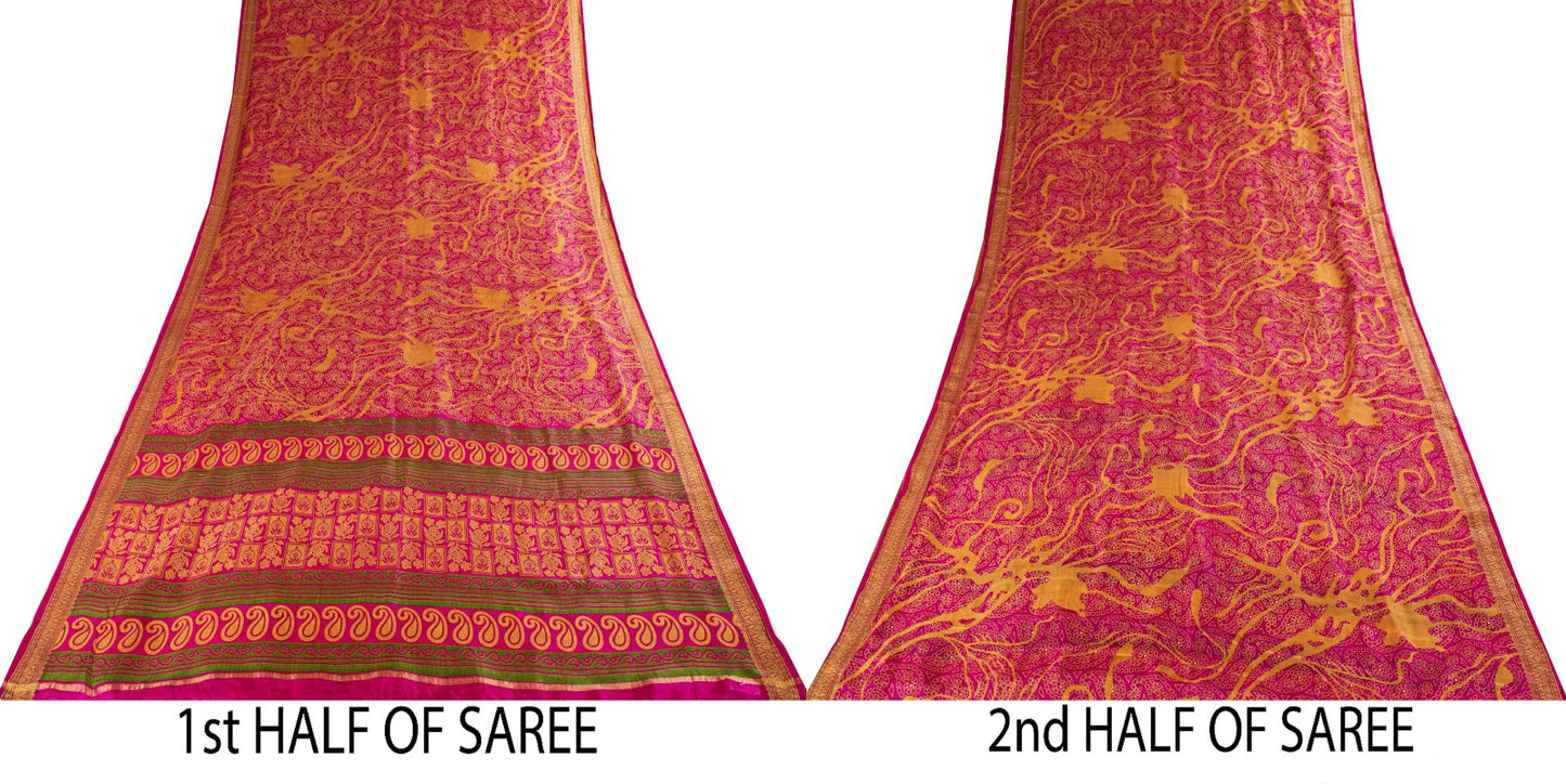 Sanskriti Vintage Pink Pure Silk Paisley Floral Print Saree 5+Yard Fabric Craft