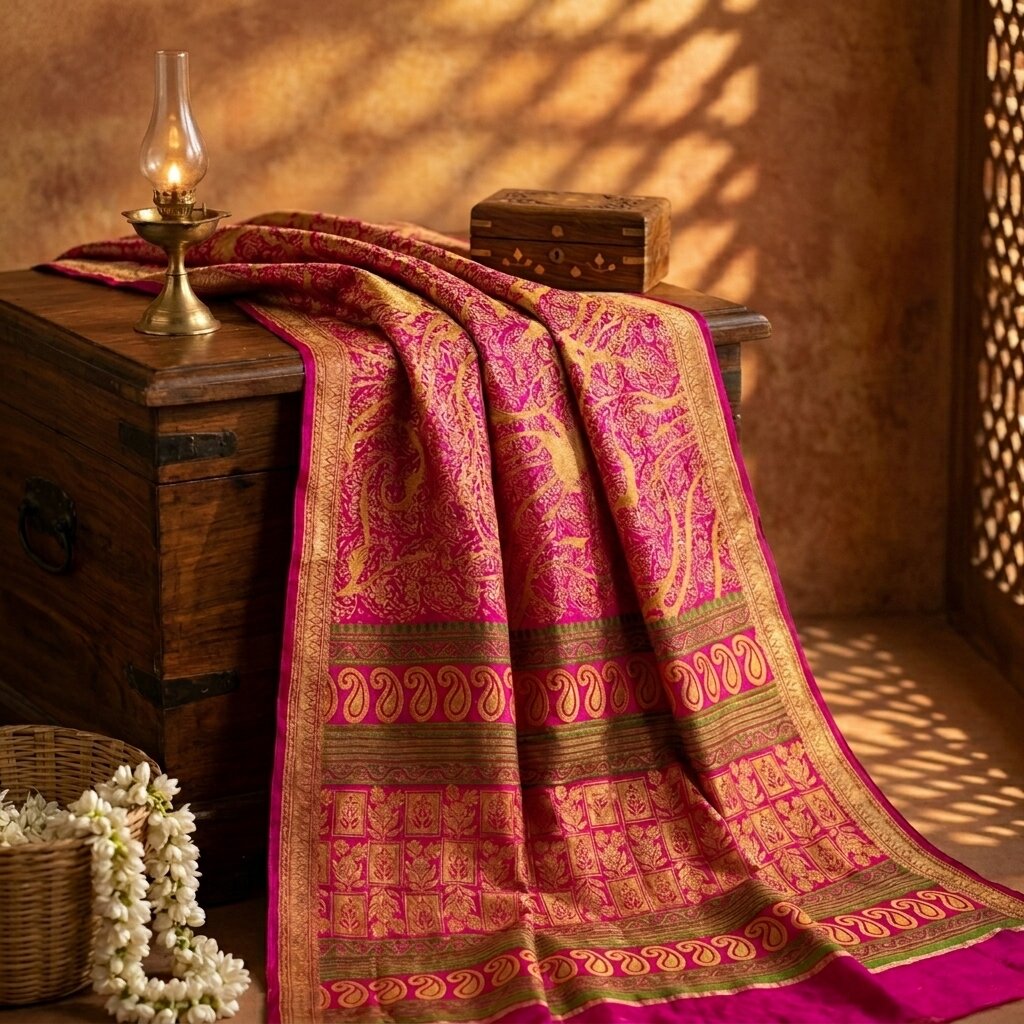 Sanskriti Vintage Pink Pure Silk Paisley Floral Print Saree 5+Yard Fabric Craft