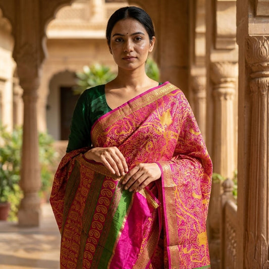 Sanskriti Vintage Pink Pure Silk Paisley Floral Print Saree 5+Yard Fabric Craft