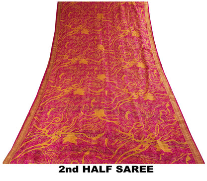 Sanskriti Vintage Pink Pure Silk Paisley Floral Print Saree 5+Yard Fabric Craft