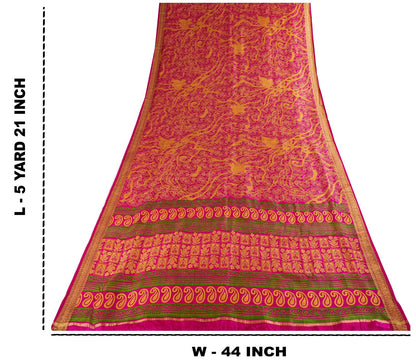 Sanskriti Vintage Pink Pure Silk Paisley Floral Print Saree 5+Yard Fabric Craft
