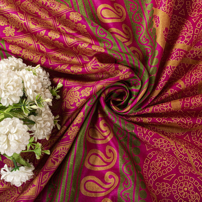 Sanskriti Vintage Pink Pure Silk Paisley Floral Print Saree 5+Yard Fabric Craft