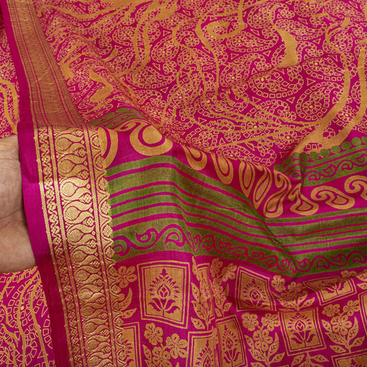 Sanskriti Vintage Pink Pure Silk Paisley Floral Print Saree 5+Yard Fabric Craft