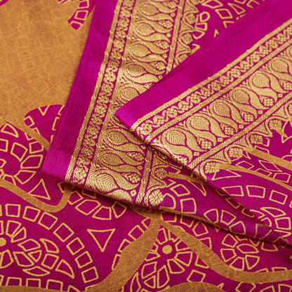 Sanskriti Vintage Pink Pure Silk Paisley Floral Print Saree 5+Yard Fabric Craft