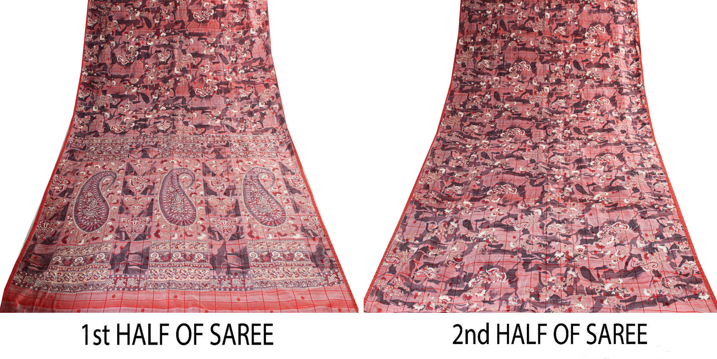 Sanskriti Vintage Saree Dusty Pink 100% Pure Silk Saree 5.5+Yd Supplies Floral Printed Sari For Crafting, Upcycling, or Even Wearing