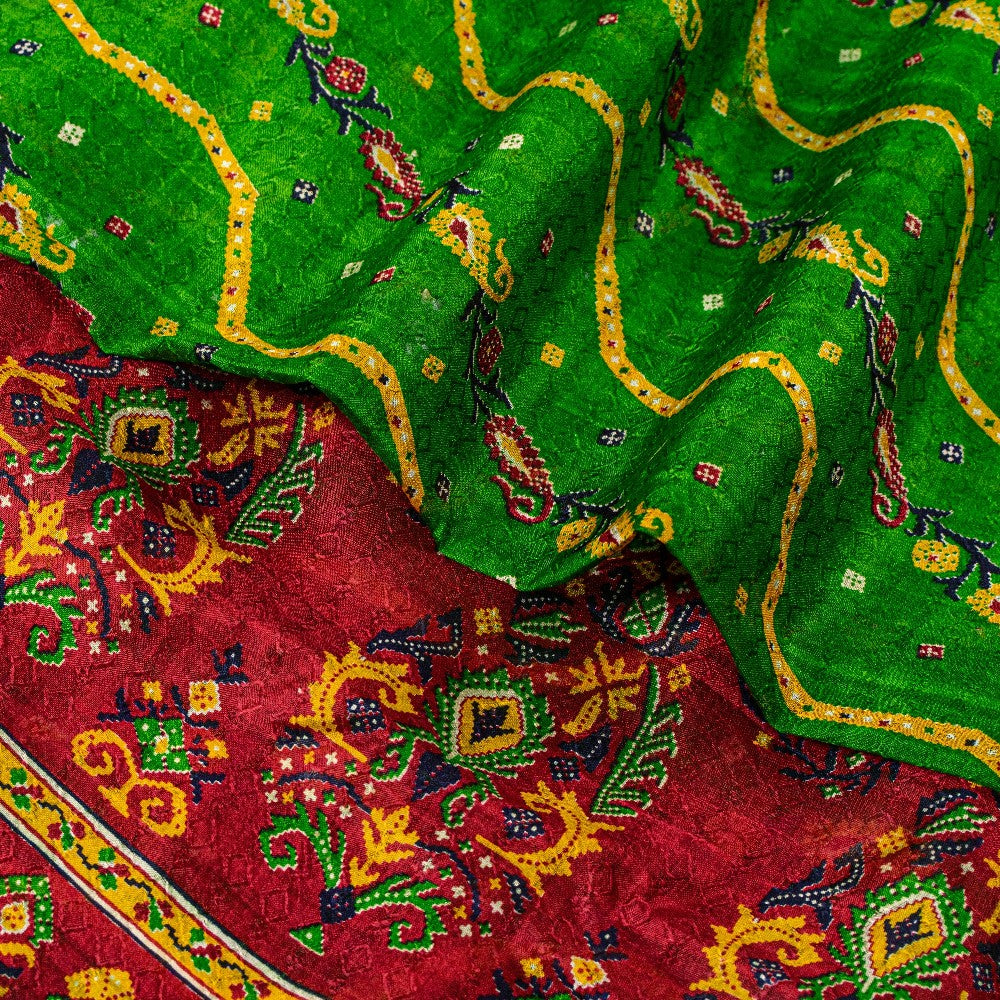 Sanskriti Vintage Green-Red Pure Silk Saree Paisley Printed 5.5+Yard Sari Fabric