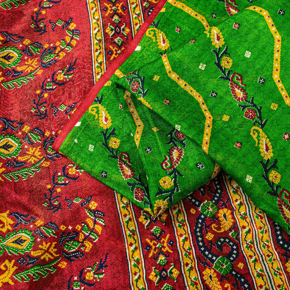 Sanskriti Vintage Green-Red Pure Silk Saree Paisley Printed 5.5+Yard Sari Fabric