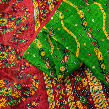 Sanskriti Vintage Green-Red Pure Silk Saree Paisley Printed 5.5+Yard Sari Fabric