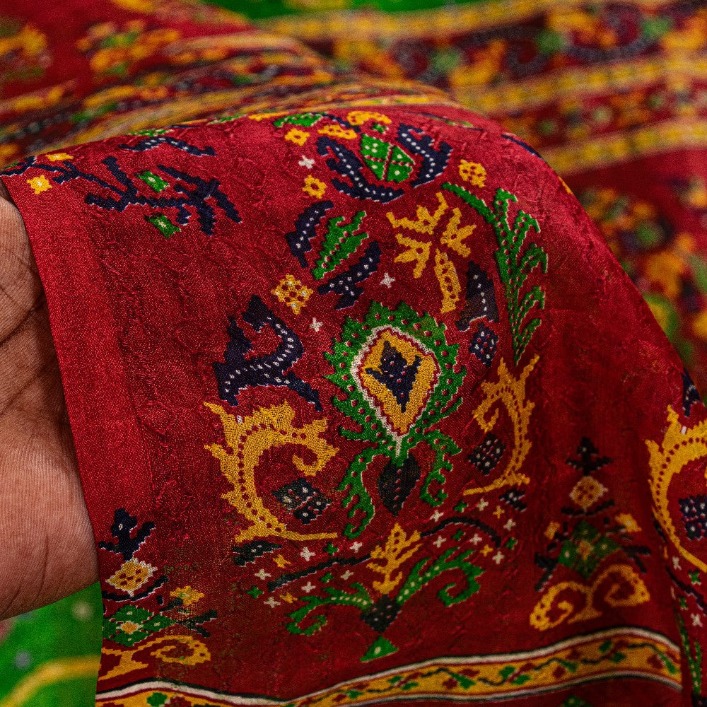 Sanskriti Vintage Green-Red Pure Silk Saree Paisley Printed 5.5+Yard Sari Fabric