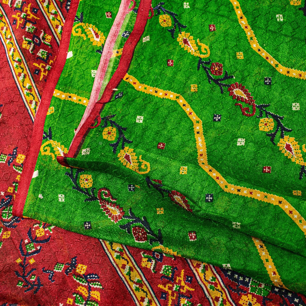 Sanskriti Vintage Green-Red Pure Silk Saree Paisley Printed 5.5+Yard Sari Fabric