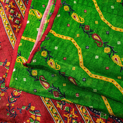 Sanskriti Vintage Green-Red Pure Silk Saree Paisley Printed 5.5+Yard Sari Fabric