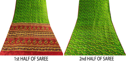 Sanskriti Vintage Green-Red Pure Silk Saree Paisley Printed 5.5+Yard Sari Fabric