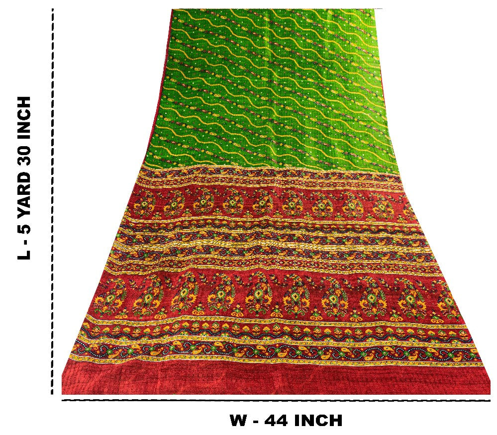 Sanskriti Vintage Green-Red Pure Silk Saree Paisley Printed 5.5+Yard Sari Fabric