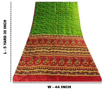 Sanskriti Vintage Green-Red Pure Silk Saree Paisley Printed 5.5+Yard Sari Fabric