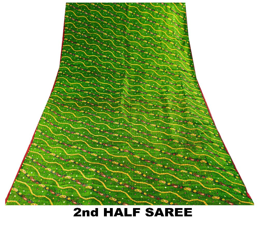 Sanskriti Vintage Green-Red Pure Silk Saree Paisley Printed 5.5+Yard Sari Fabric