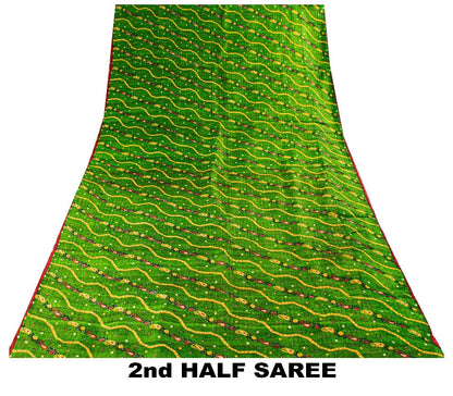 Sanskriti Vintage Green-Red Pure Silk Saree Paisley Printed 5.5+Yard Sari Fabric