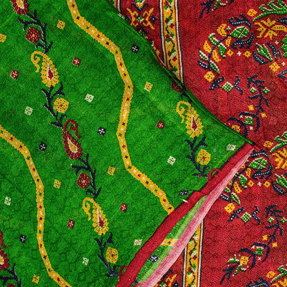 Sanskriti Vintage Green-Red Pure Silk Saree Paisley Printed 5.5+Yard Sari Fabric