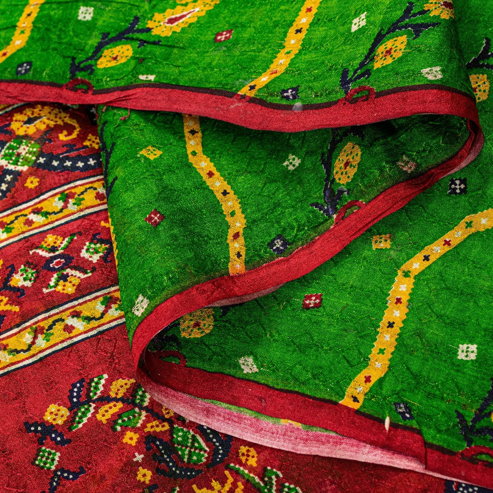 Sanskriti Vintage Green-Red Pure Silk Saree Paisley Printed 5.5+Yard Sari Fabric
