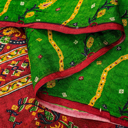 Sanskriti Vintage Green-Red Pure Silk Saree Paisley Printed 5.5+Yard Sari Fabric