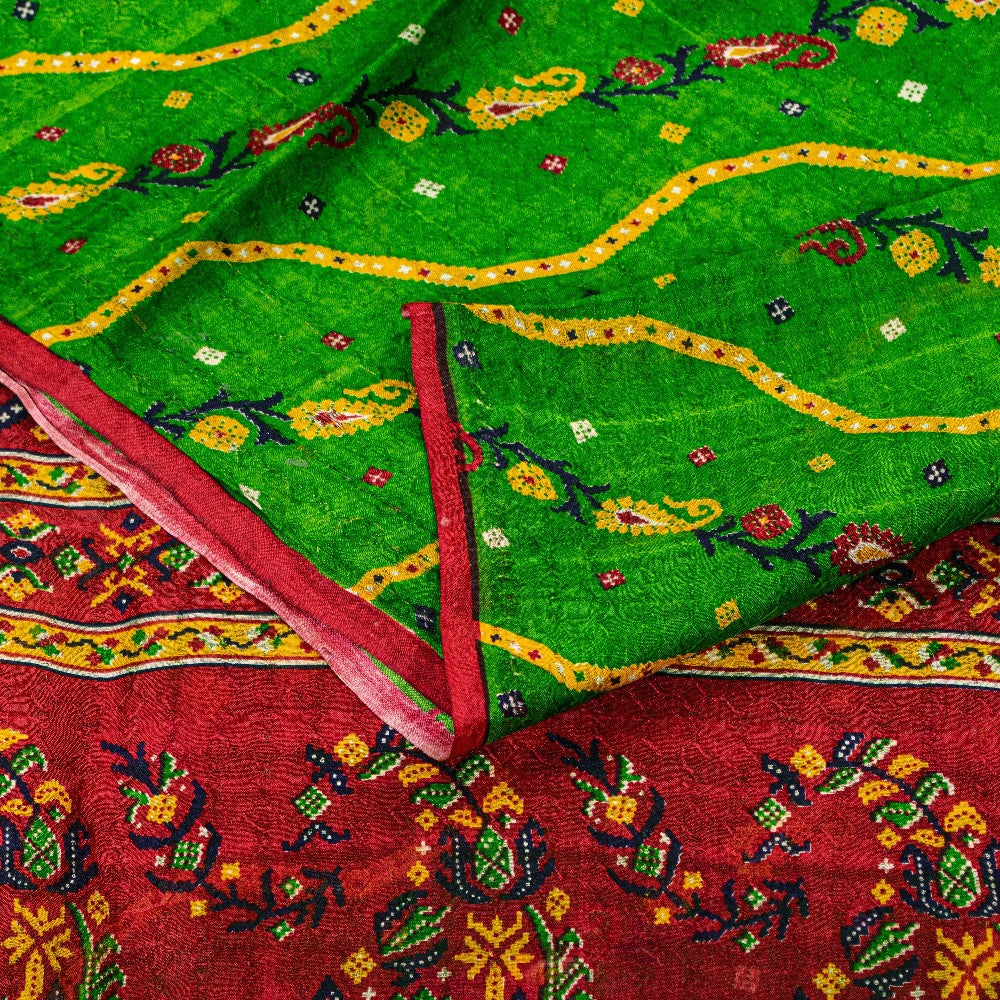 Sanskriti Vintage Green-Red Pure Silk Saree Paisley Printed 5.5+Yard Sari Fabric