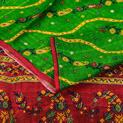 Sanskriti Vintage Green-Red Pure Silk Saree Paisley Printed 5.5+Yard Sari Fabric
