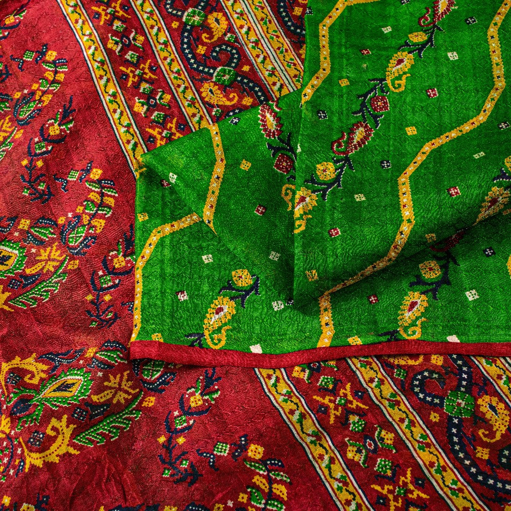 Sanskriti Vintage Green-Red Pure Silk Saree Paisley Printed 5.5+Yard Sari Fabric