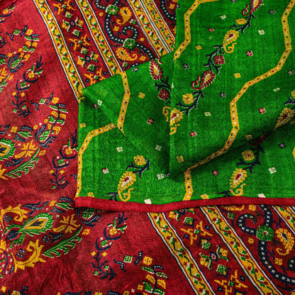 Sanskriti Vintage Green-Red Pure Silk Saree Paisley Printed 5.5+Yard Sari Fabric
