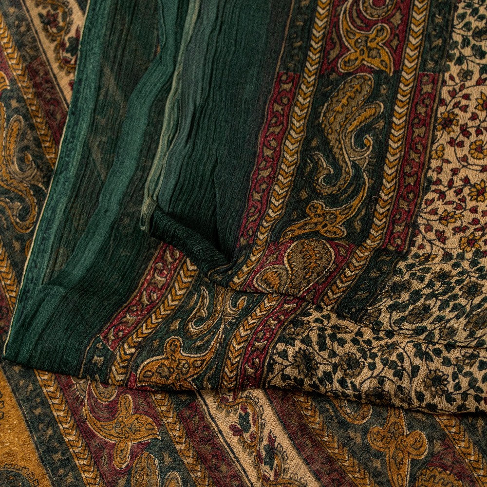 Sanskriti Vintage Cream Pure Chiffon Saree Hand Block Print 5.5+Yard Sari Fabric