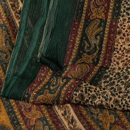 Sanskriti Vintage Cream Pure Chiffon Saree Hand Block Print 5.5+Yard Sari Fabric