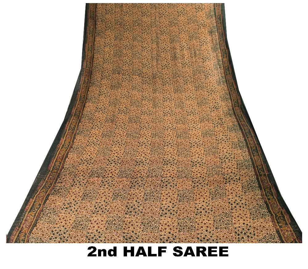 Sanskriti Vintage Cream Pure Chiffon Saree Hand Block Print 5.5+Yard Sari Fabric