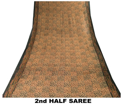 Sanskriti Vintage Cream Pure Chiffon Saree Hand Block Print 5.5+Yard Sari Fabric