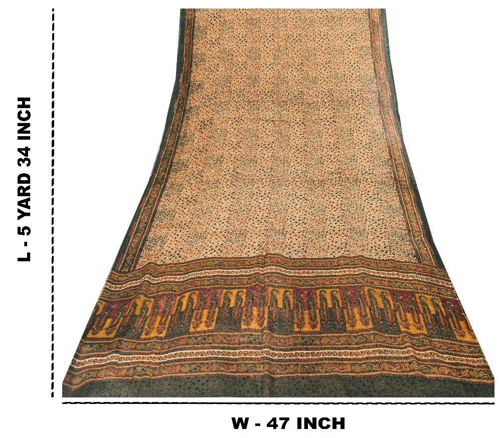 Sanskriti Vintage Cream Pure Chiffon Saree Hand Block Print 5.5+Yard Sari Fabric