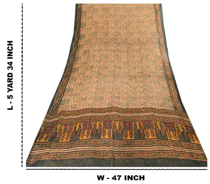 Sanskriti Vintage Cream Pure Chiffon Saree Hand Block Print 5.5+Yard Sari Fabric
