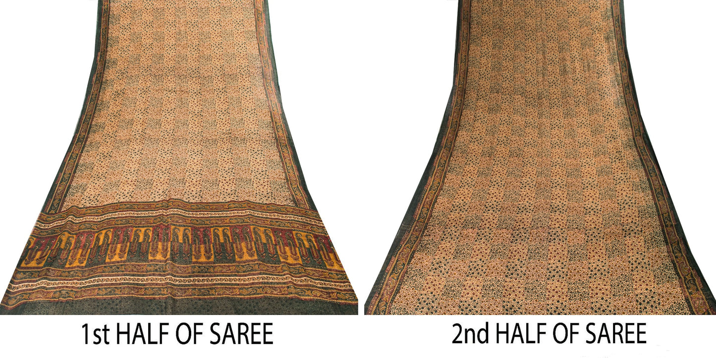 Sanskriti Vintage Cream Pure Chiffon Saree Hand Block Print 5.5+Yard Sari Fabric