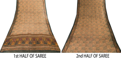 Sanskriti Vintage Cream Pure Chiffon Saree Hand Block Print 5.5+Yard Sari Fabric