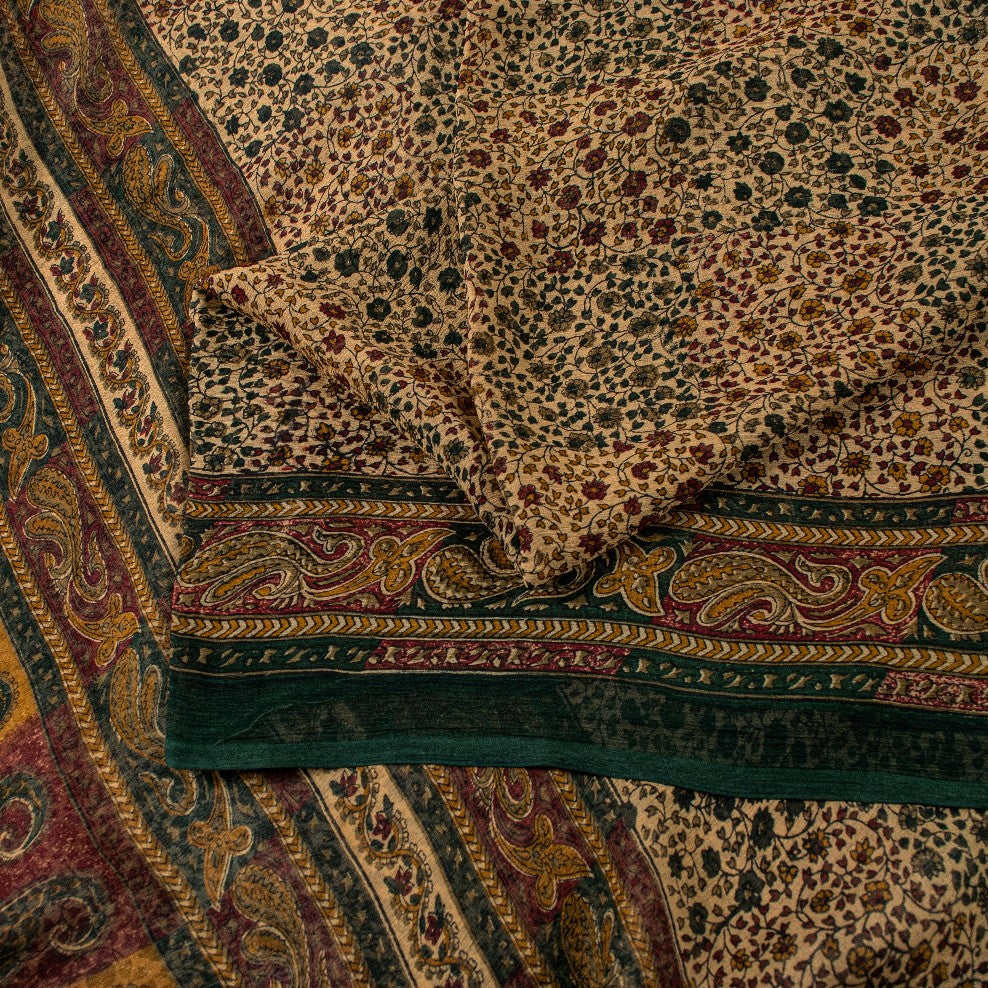 Sanskriti Vintage Cream Pure Chiffon Saree Hand Block Print 5.5+Yard Sari Fabric