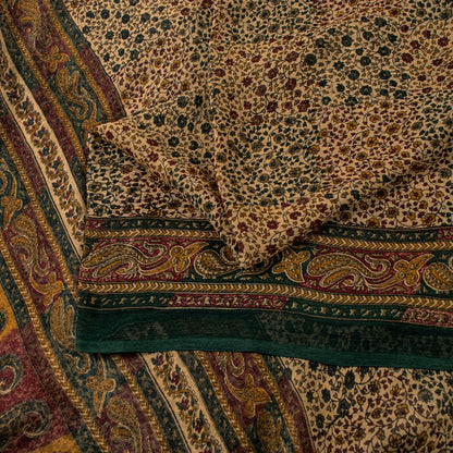Sanskriti Vintage Cream Pure Chiffon Saree Hand Block Print 5.5+Yard Sari Fabric