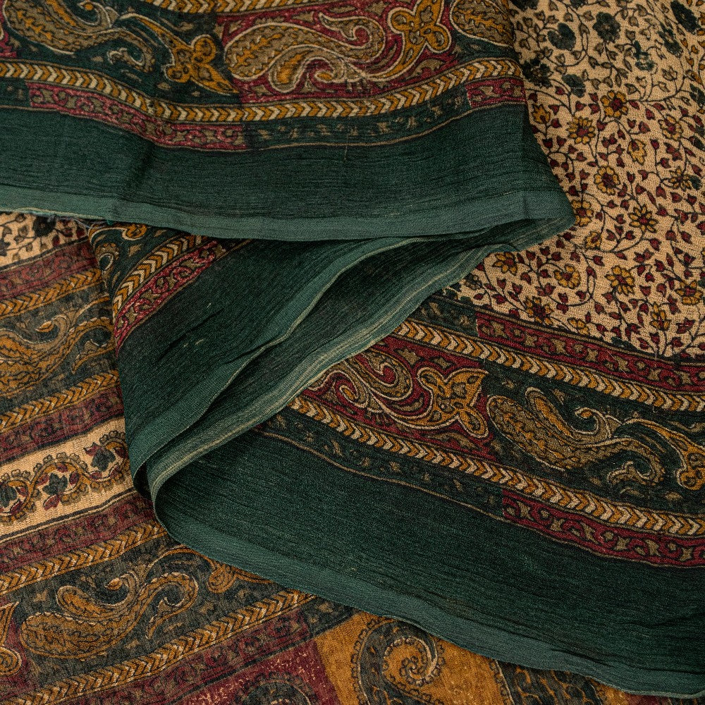 Sanskriti Vintage Cream Pure Chiffon Saree Hand Block Print 5.5+Yard Sari Fabric