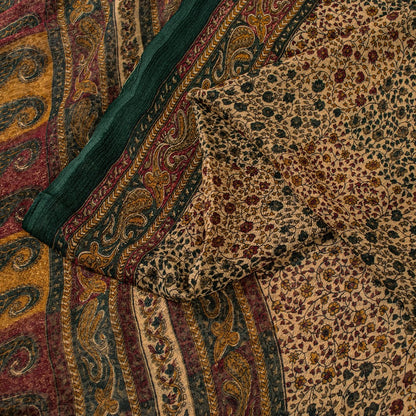 Sanskriti Vintage Cream Pure Chiffon Saree Hand Block Print 5.5+Yard Sari Fabric