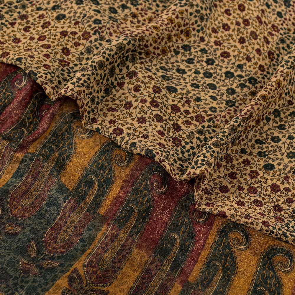 Sanskriti Vintage Cream Pure Chiffon Saree Hand Block Print 5.5+Yard Sari Fabric